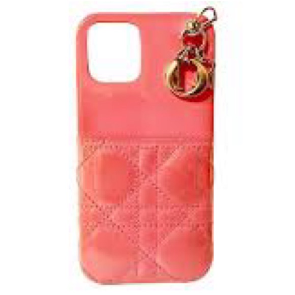 Dior Lady Dior Lambskin Quilted Leather Iphone 14 Phone Case W/ Logo Charm Pink